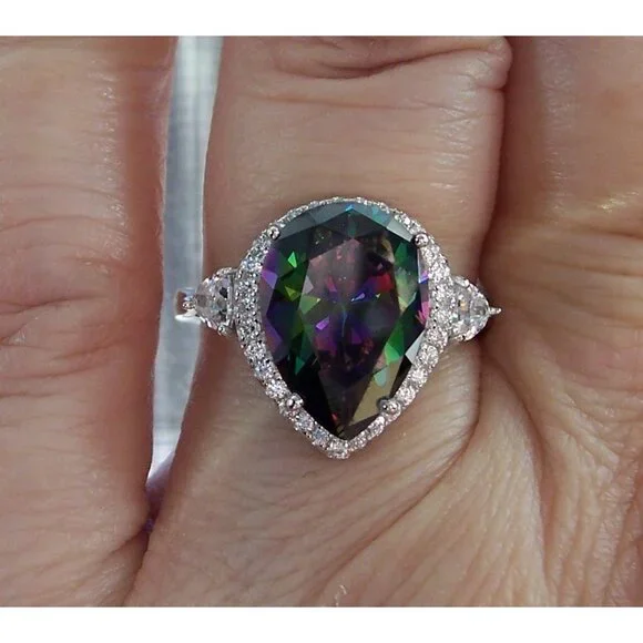 925 Sterling Silver Simulated Mystic Rainbow Topaz CZ Pear Cut Halo Ring - Picture 13 of 16